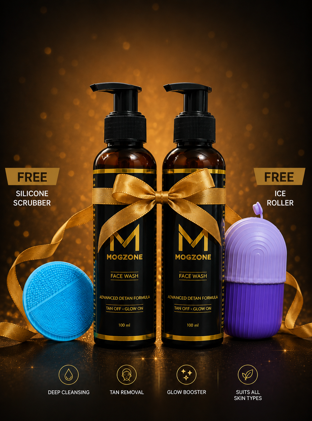 MOGZONE Advanced Detan Face Wash (Pack of 2) - With Vitamin C & Kojic Acid + Free Face Scrubber