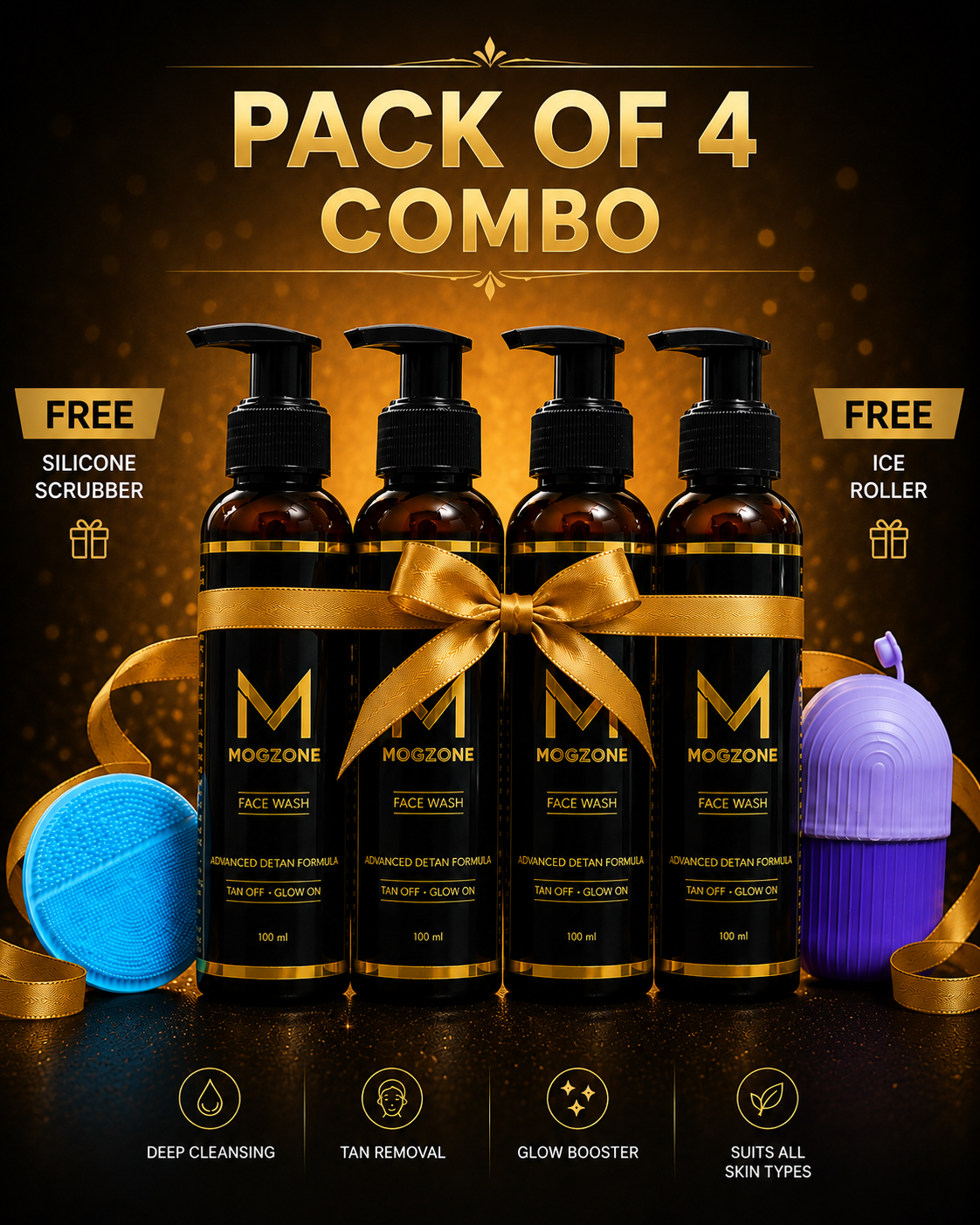MOGZONE Advanced Detan Face Wash (Pack of 4) – Family Value Pack + Free Face Scrubber