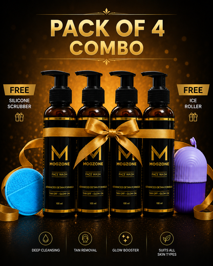 MOGZONE Advanced Detan Face Wash (Pack of 4) – Family Value Pack + Free Face Scrubber
