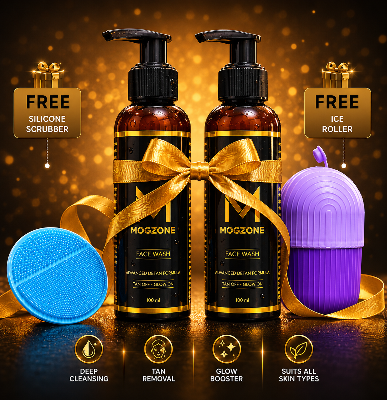 MOGZONE Advanced Detan Face Wash (Pack of 2) - With Vitamin C & Kojic Acid + Free Face Scrubber
