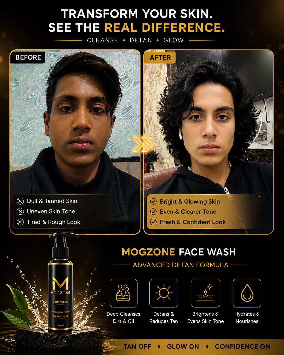 MOGZONE Advanced Detan Face Wash (Pack of 4) – Family Value Pack + Free Face Scrubber