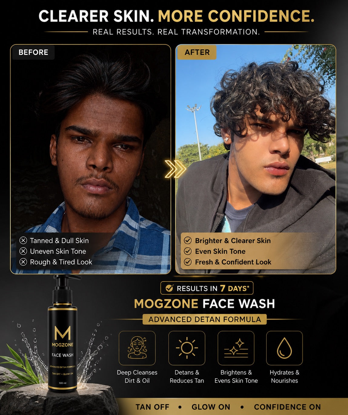 MOGZONE Advanced Detan Face Wash (Pack of 2) - With Vitamin C & Kojic Acid + Free Face Scrubber