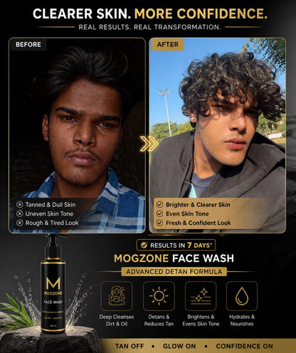 MOGZONE Advanced Detan Face Wash (Pack of 2) - With Vitamin C & Kojic Acid + Free Face Scrubber