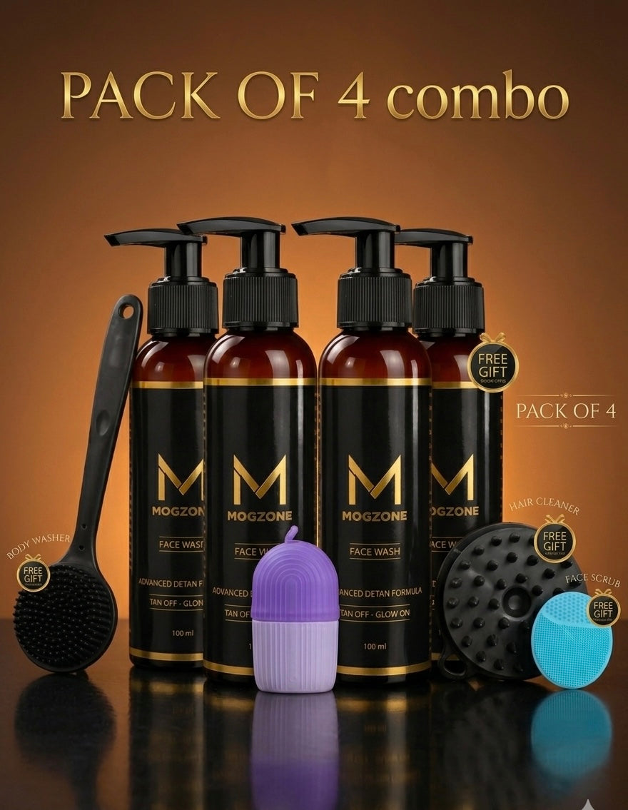 MOGZONE Advanced Detan Face Wash (Pack of 4) – Family Value Pack + Free Face Scrubber